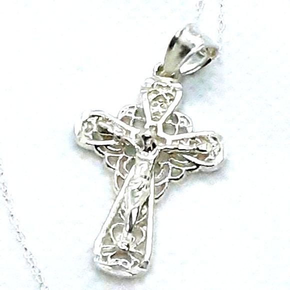 Sterling Silver Crucifix Filigree Cross Necklace - Picture 1 of 3